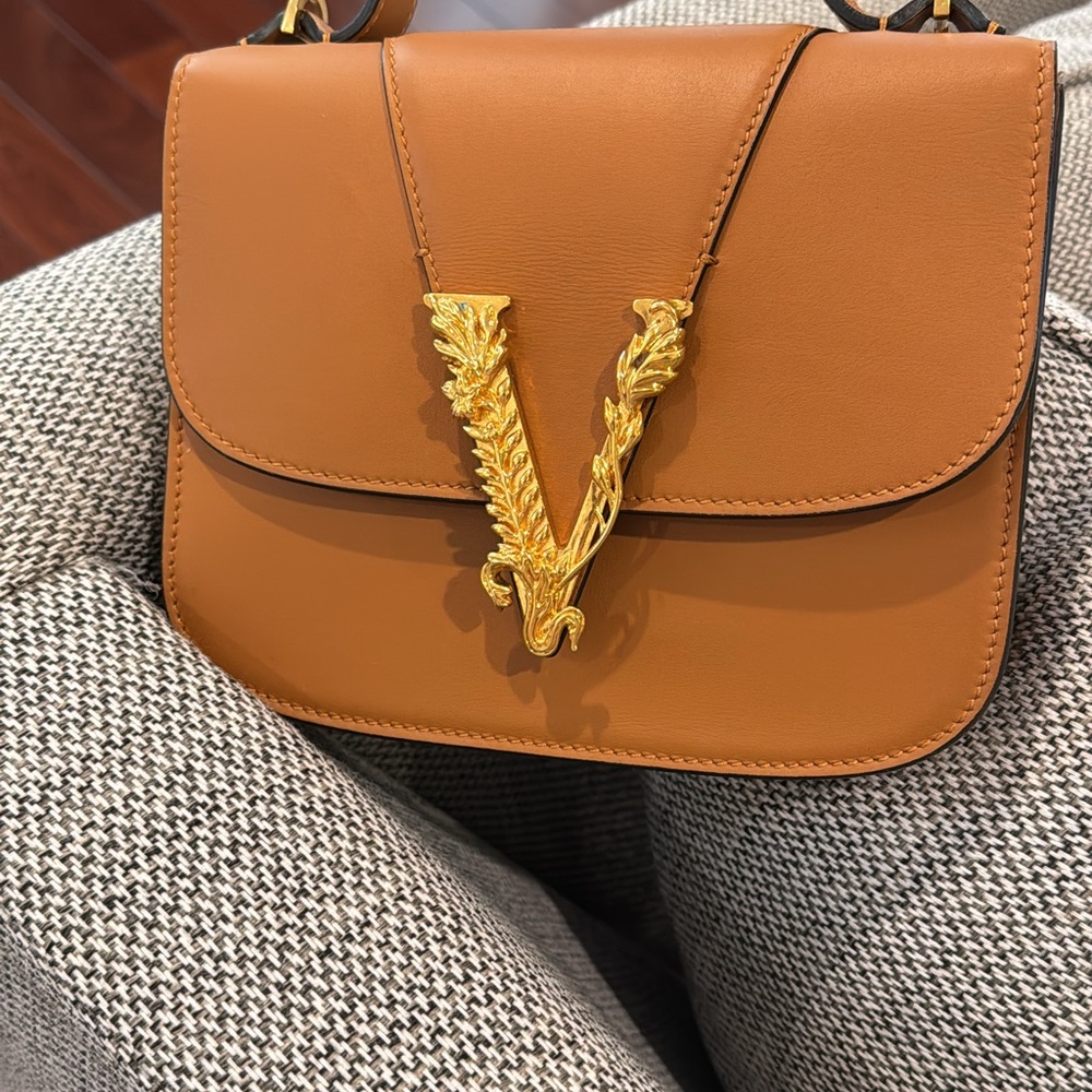 Versace Virtus small top handle shoulder bag in brown smooth leather.